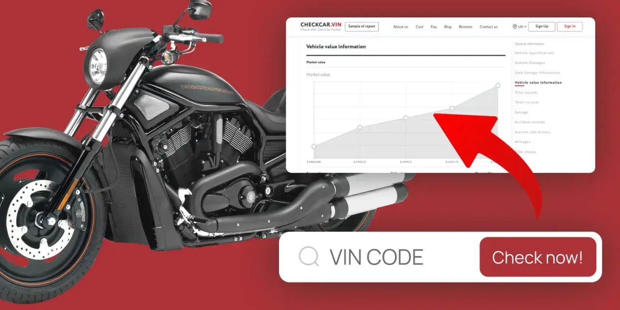 Czarny motocykl Harley-Davidson obok ekranu z wykresem wartości pojazdu. Możliwość sprawdzenie motocykla po VIN.