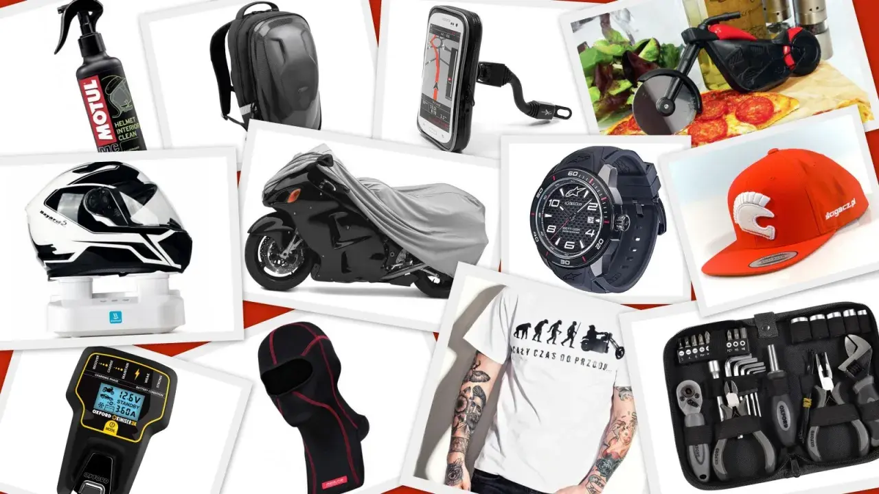 Kask, plecak, pokrowiec na motocykl, ładowarka, zegarek, czapka, narzędzia i inne akcesoria dla motocyklisty.