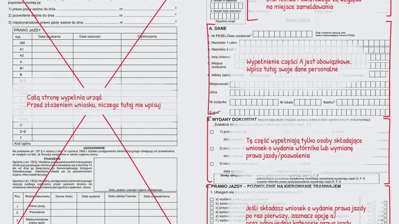Formularz wniosku o wydanie prawa jazdy, z zaznaczonymi polami dotyczącymi zgubionego prawa jazdy.