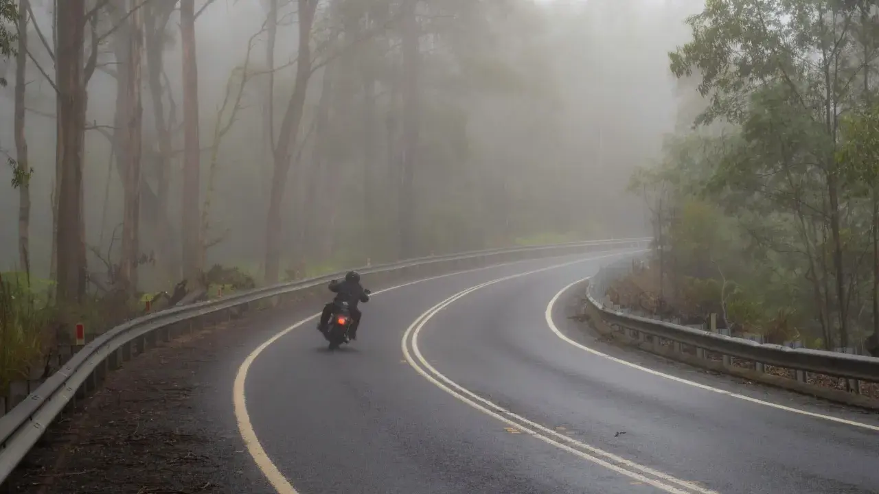 Motocyklista pokonuje zakręt na mokrej drodze wśród mglistego lasu. Jazda motocyklem w deszczu wymaga skupienia.