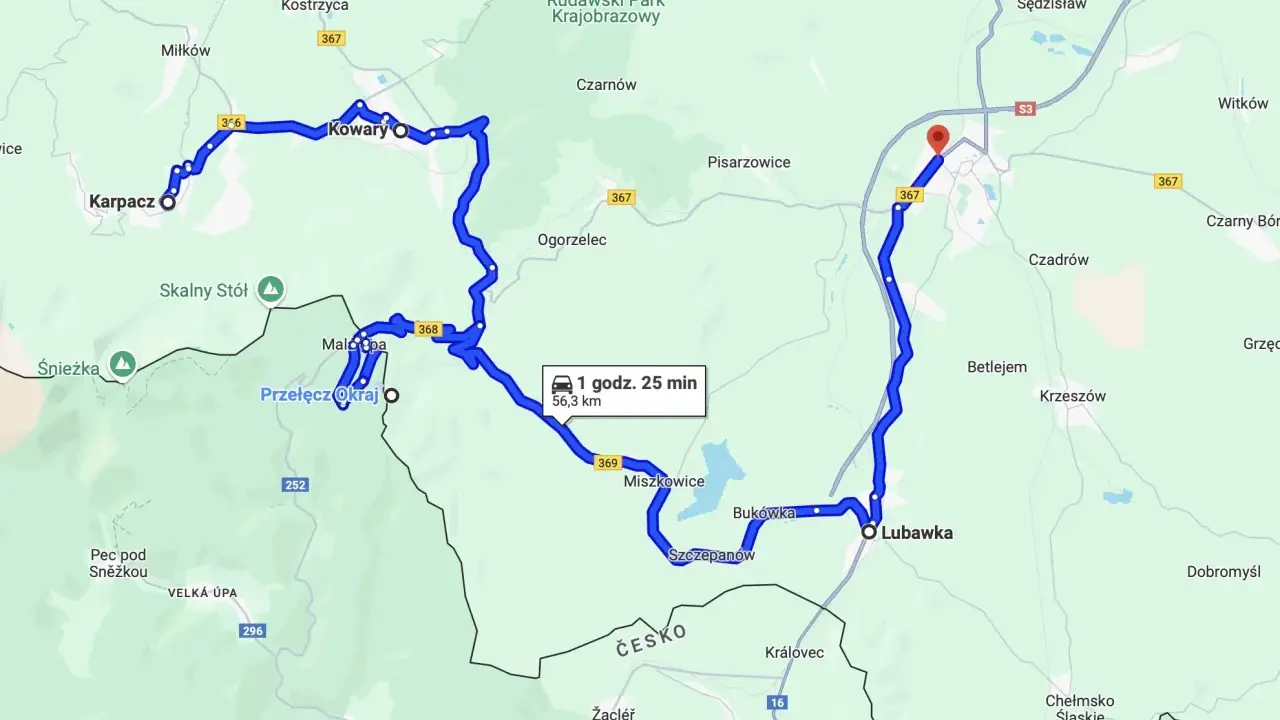 Trasy motocyklowe Dolny Śląsk: pętla przez Karpacz, Kowary, Przełęcz Okraj i Lubawkę. Czas przejazdu 1h 25 min, dystans 56,3 km.
