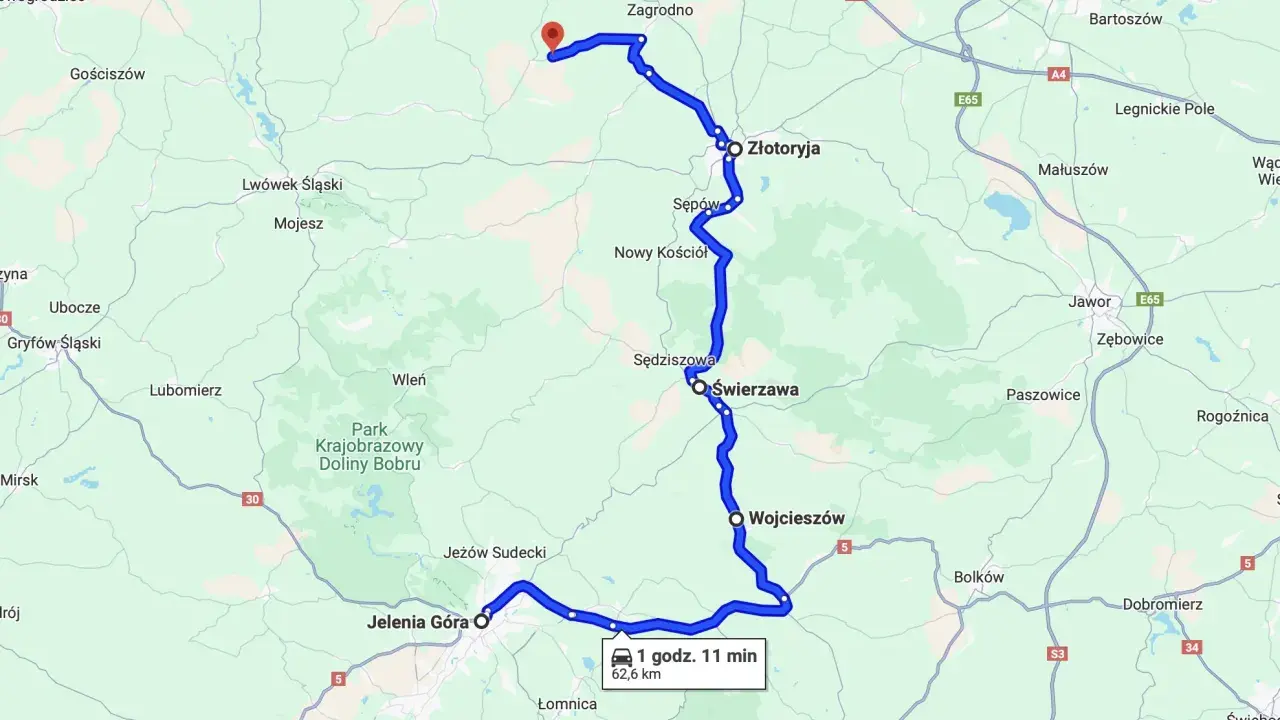 Trasa jednodniowy wypad motocyklowy przez Złotoryję, Świerzawę i Jelenia Górę.