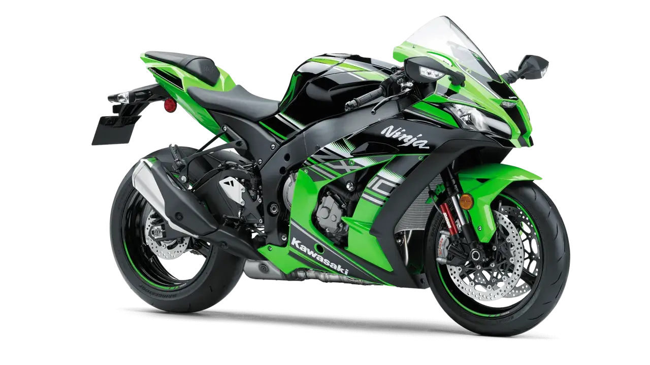 Zielony motocykl Kawasaki ZX-10R Ninja. Sprawdź kawasaki zx-10r dane techniczne, aby poznać jego moc i osiągi.