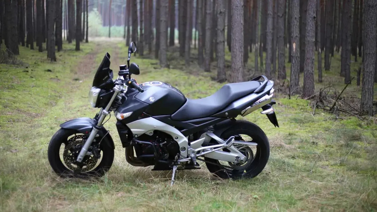 Suzuki GSX 600 F dane techniczne: czarny motocykl stoi na leśnej ścieżce, otoczony sosnami.