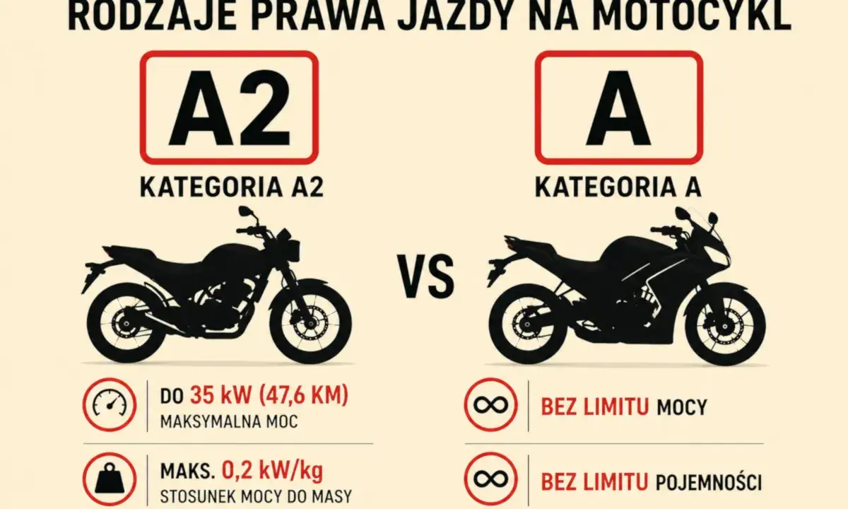Jakie prawo jazdy na motor 600? Kategoria A2 na motocykle do 35 kW, A na te bez limitu mocy i pojemności.