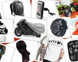 Kask, plecak, pokrowiec na motocykl, ładowarka, zegarek, czapka, narzędzia i inne akcesoria dla motocyklisty.