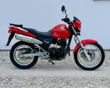 Czerwony Honda Dominator 650 Vigor. Wady i zalety tego motocykla to m.in. jego wszechstronność i prostota konstrukcji.