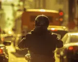 Motocyklista w kasku i kurtce w korku miejskim. Czy motor może jechać między samochodami? Tak, ten motocyklista próbuje.