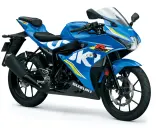 Niebieski motocykl sportowy Suzuki GSX-R 125 z białymi i żółtymi akcentami, gotowy na podbój dróg.