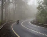 Motocyklista pokonuje zakręt na mokrej drodze wśród mglistego lasu. Jazda motocyklem w deszczu wymaga skupienia.