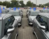 Rząd srebrnych aut z niebieskimi literami "L" na dachach. Czekają na kursantów, którzy zdali teorię i chcą jak najszybciej zdać praktykę.