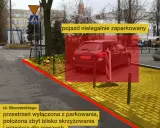 Nielegalnie zaparkowany pojazd na ul. Morawskiego. Przestrzeń wyłączona z parkowania, zbyt blisko skrzyżowania i przejścia dla pieszych.