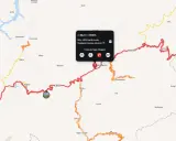 Planowanie trasy motocyklowej przez górzyste tereny Albanii, z zaznaczoną drogą SH5 i punktem docelowym Fushë-Arrëz.