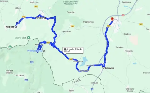 Trasy motocyklowe Dolny Śląsk: pętla przez Karpacz, Kowary, Przełęcz Okraj i Lubawkę. Czas przejazdu 1h 25 min, dystans 56,3 km.