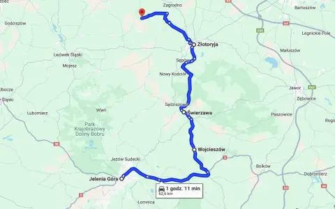 Trasa jednodniowy wypad motocyklowy przez Złotoryję, Świerzawę i Jelenia Górę.