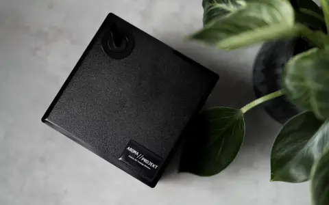 Czarny, nowoczesny dyfuzor zapachowy AROMA//PROJEKT z zielonymi liśćmi rośliny w tle.