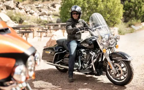 Mężczyzna na czarnym motocyklu Harley-Davidson, wyposażonym w gmole, gotowy na podróż.