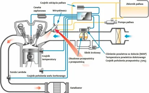 Schemat układu wtryskowego silnika 125cc. Pokazuje przepływ paliwa, powietrza i sygnały z czujników do ECU.