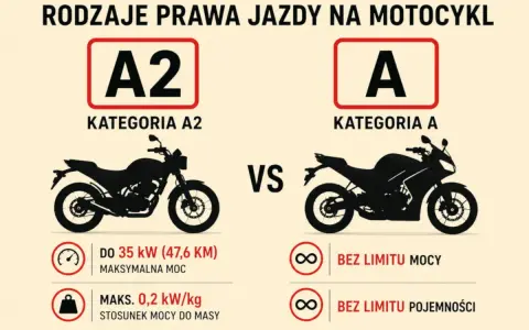 Jakie prawo jazdy na motor 600? Kategoria A2 na motocykle do 35 kW, A na te bez limitu mocy i pojemności.