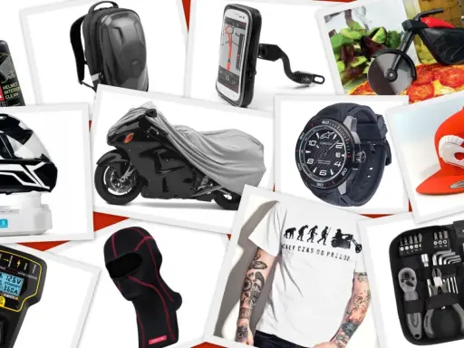 Kask, plecak, pokrowiec na motocykl, ładowarka, zegarek, czapka, narzędzia i inne akcesoria dla motocyklisty.