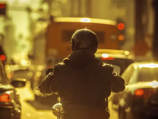 Motocyklista w kasku i kurtce w korku miejskim. Czy motor może jechać między samochodami? Tak, ten motocyklista próbuje.