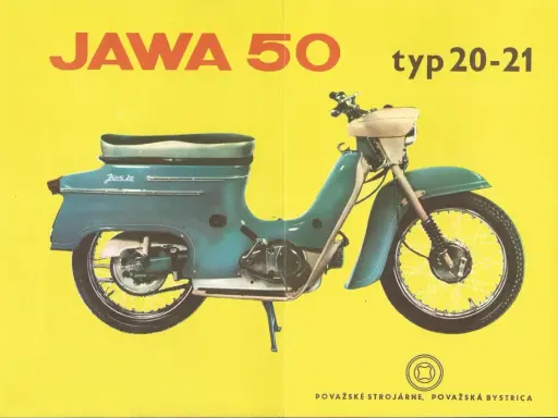Jawa 50 typ 20-21, błękitny motorower z lat 60. na żółtym tle.