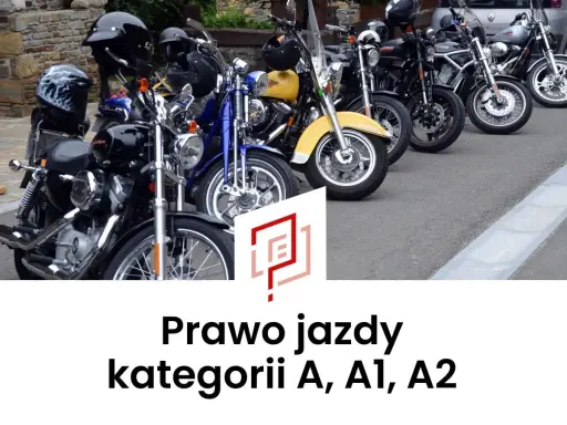 Rząd motocykli, od czarnych po żółty, gotowych do jazdy. Idealne do zdobycia prawa jazdy kategorii A, A1, A2.
