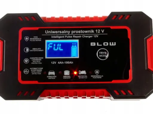 Uniwersalny prostownik 12V BLOW z funkcją regeneracji. Idealny wybór, jaki prostownik do motocykla, samochodu, AMG/żel. Wyświetlacz pokazuje "FUL".