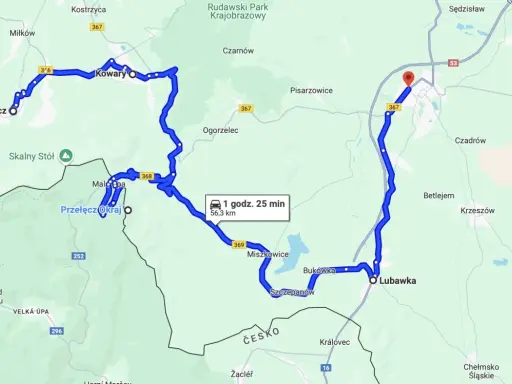 Trasy motocyklowe Dolny Śląsk: pętla przez Karpacz, Kowary, Przełęcz Okraj i Lubawkę. Czas przejazdu 1h 25 min, dystans 56,3 km.