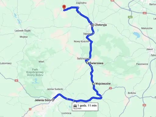 Trasa jednodniowy wypad motocyklowy przez Złotoryję, Świerzawę i Jelenia Górę.
