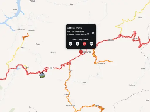 Planowanie trasy motocyklowej przez górzyste tereny Albanii, z zaznaczoną drogą SH5 i punktem docelowym Fushë-Arrëz.