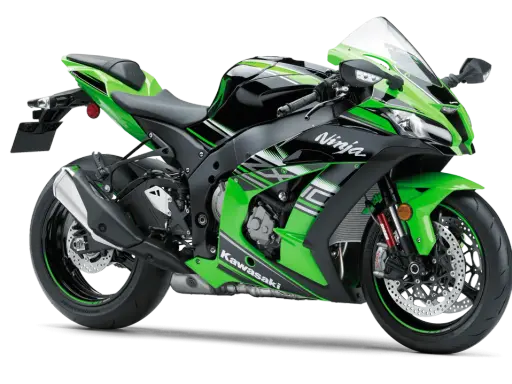 Zielony motocykl Kawasaki ZX-10R Ninja. Sprawdź kawasaki zx-10r dane techniczne, aby poznać jego moc i osiągi.