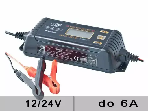 Inteligentna ładowarka MW-SC6B z klipsami, obsługuje akumulatory 12V i 24V, maksymalne napięcie ładowania akumulatora 12v to 14.7VDC.