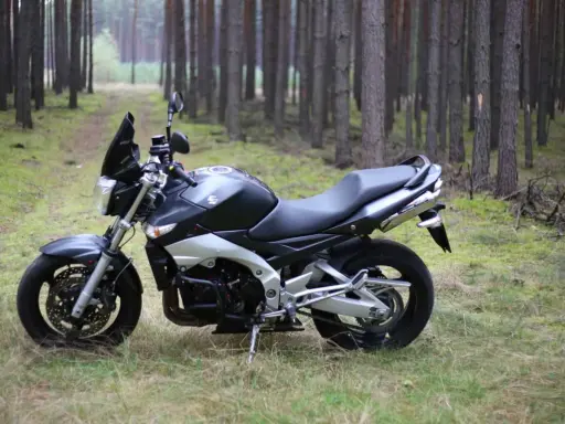 Suzuki GSX 600 F dane techniczne: czarny motocykl stoi na leśnej ścieżce, otoczony sosnami.