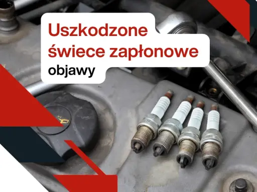 Cztery świece zapłonowe leżą na silniku. Tekst informuje o uszkodzonych świecach zapłonowych i ich objawach.