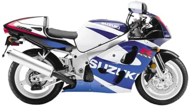 Suzuki GSXR 600 SRAD dane techniczne. Sportowy motocykl w biało-niebiesko-czerwonych barwach, gotowy do jazdy.