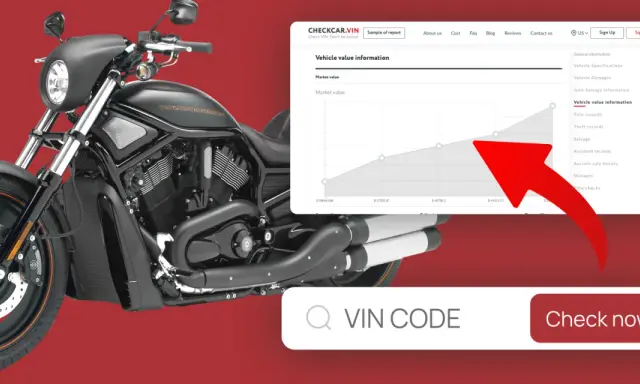 Czarny motocykl Harley-Davidson obok ekranu z wykresem wartości pojazdu. Możliwość sprawdzenie motocykla po VIN.