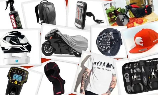 Kask, plecak, pokrowiec na motocykl, ładowarka, zegarek, czapka, narzędzia i inne akcesoria dla motocyklisty.