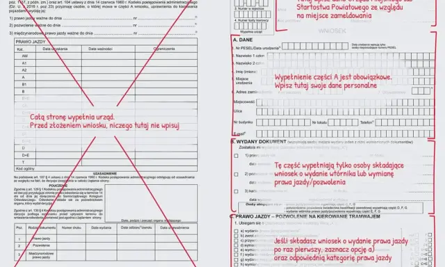 Formularz wniosku o wydanie prawa jazdy, z zaznaczonymi polami dotyczącymi zgubionego prawa jazdy.