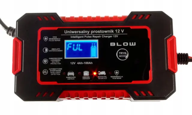 Uniwersalny prostownik 12V BLOW z funkcją regeneracji. Idealny wybór, jaki prostownik do motocykla, samochodu, AMG/żel. Wyświetlacz pokazuje "FUL".