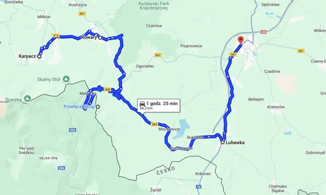 Trasy motocyklowe Dolny Śląsk: pętla przez Karpacz, Kowary, Przełęcz Okraj i Lubawkę. Czas przejazdu 1h 25 min, dystans 56,3 km.