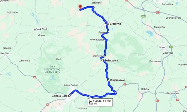 Trasa jednodniowy wypad motocyklowy przez Złotoryję, Świerzawę i Jelenia Górę.