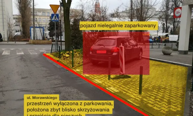 Nielegalnie zaparkowany pojazd na ul. Morawskiego. Przestrzeń wyłączona z parkowania, zbyt blisko skrzyżowania i przejścia dla pieszych.