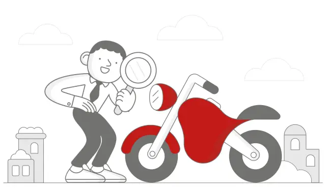 Mężczyzna z lupą sprawdza motocykl. Czy przegląd motocykla po terminie jest konieczny?
