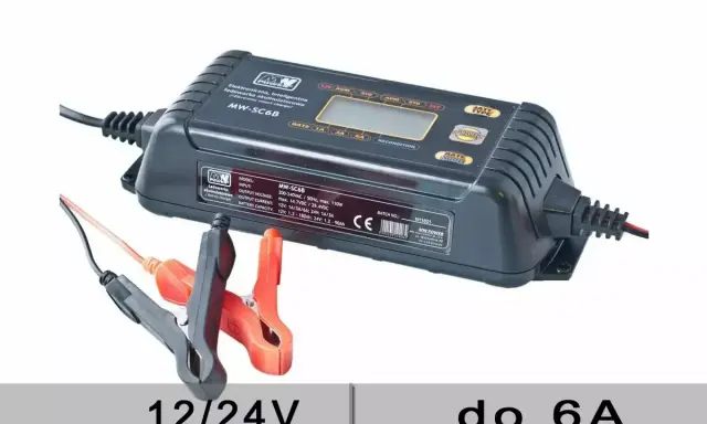 Inteligentna ładowarka MW-SC6B z klipsami, obsługuje akumulatory 12V i 24V, maksymalne napięcie ładowania akumulatora 12v to 14.7VDC.