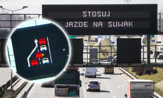 Zbliżenie na ekran z grafiką samochodów i znak drogowy z napisem "STOSUJ JAZDĘ NA SUWAK".
