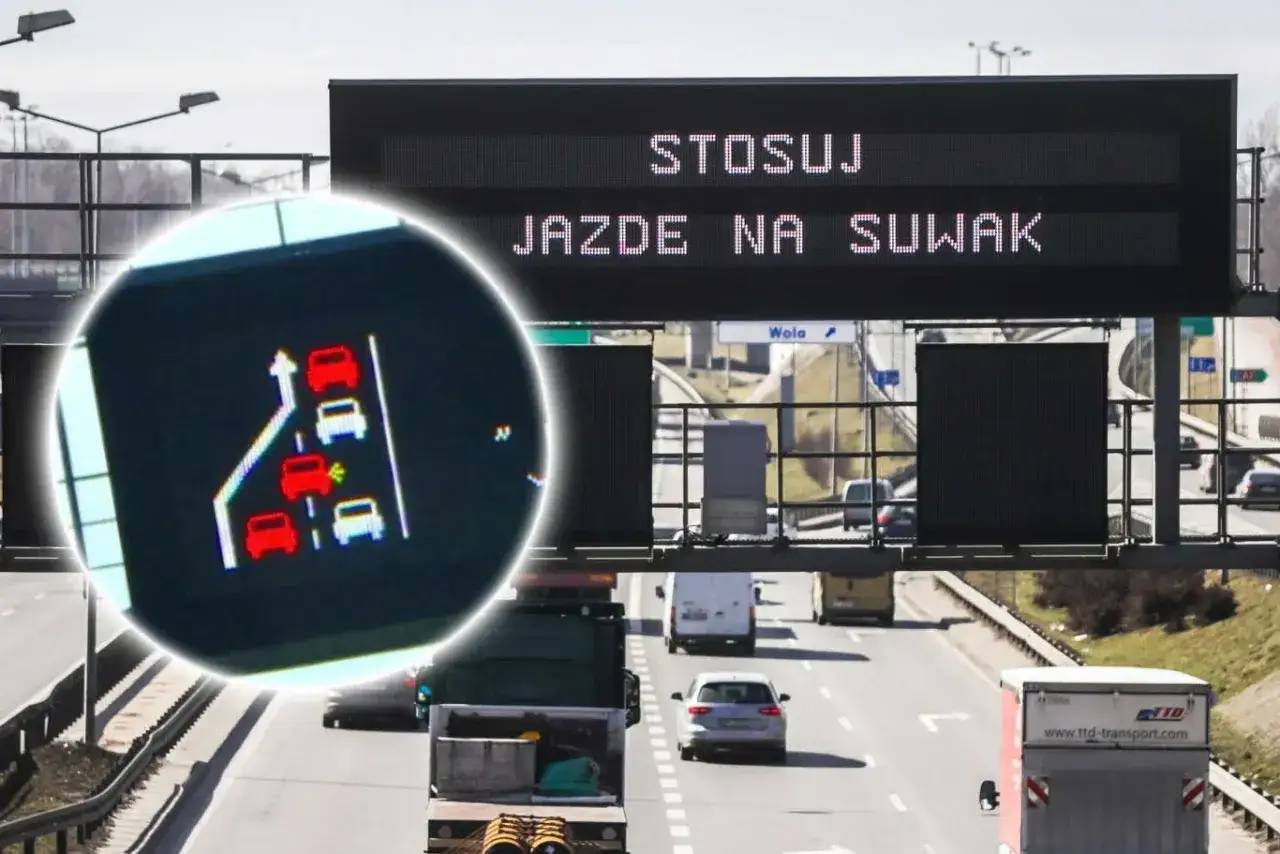 Znak drogowy informuje: STOSUJ JAZDĘ NA SUWAK. Obok schemat aut z naprzemiennym wjazdem na jeden pas.