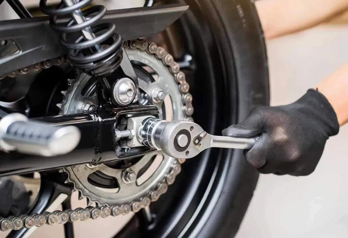 Mechanik w czarnej rękawiczce dokręca kluczem nasadowym śrubę mocującą wahacz motocykla, przygotowując go do wymiany opon motocyklowych.