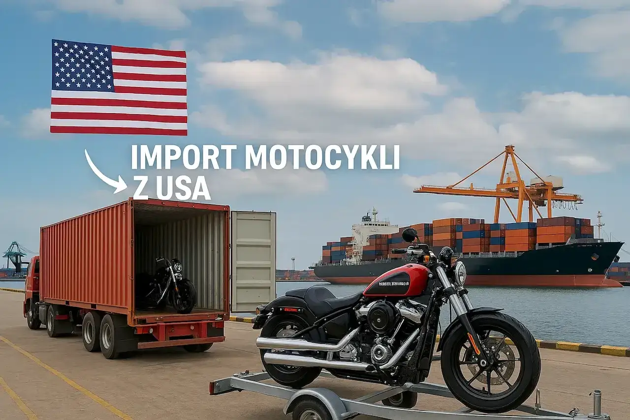 Sprowadzanie motocykli z USA. Ciężarówka z kontenerem i motocykl na przyczepce w porcie.