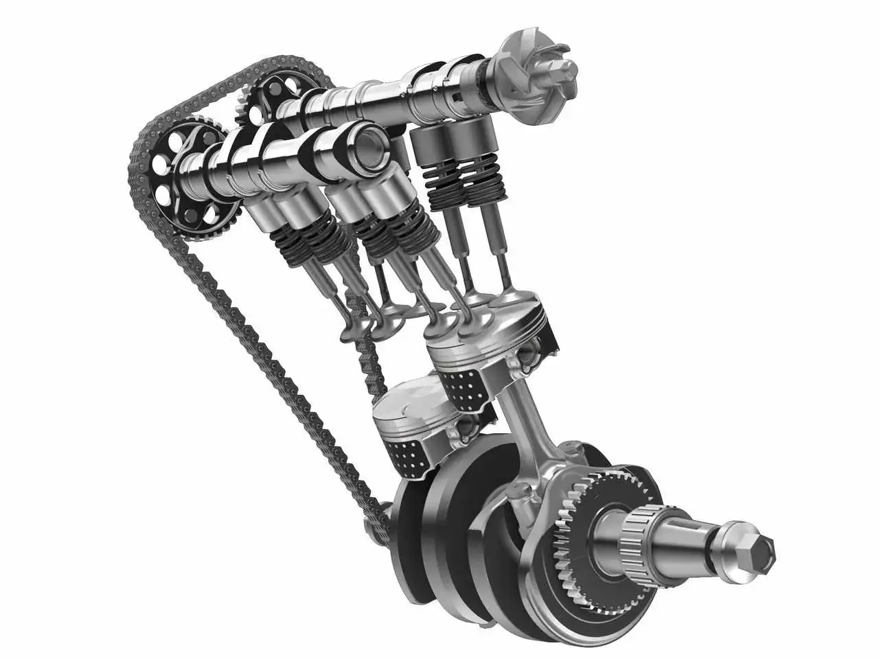 Silnik DOHC: wałek rozrządu nad głowicą. Widok mechanizmu z tłokami, wałem korbowym i łańcuchem rozrządu.